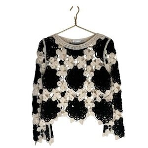Crochet Crop Top S Cloth By Design Black Cream Floral Pullover Boho Y2K Festival